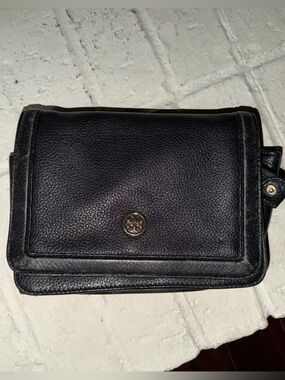 Tory Burch Black Pebbled Leather Bifold Wallet with Gold Logo
